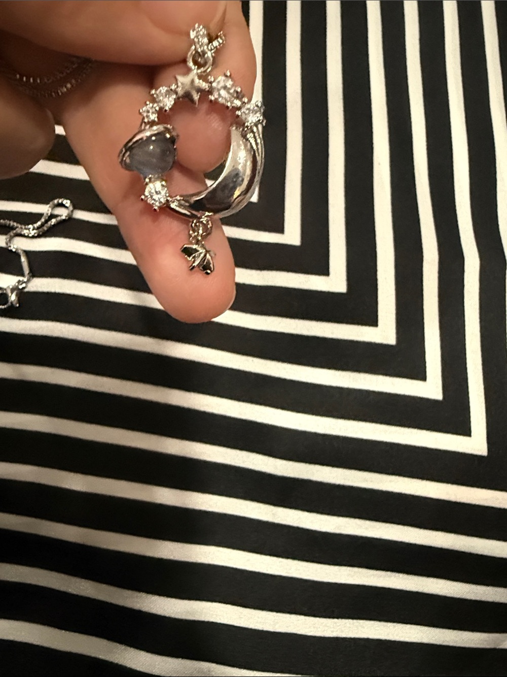 Silver Moon & Star Pendant Necklace with Gray Gem